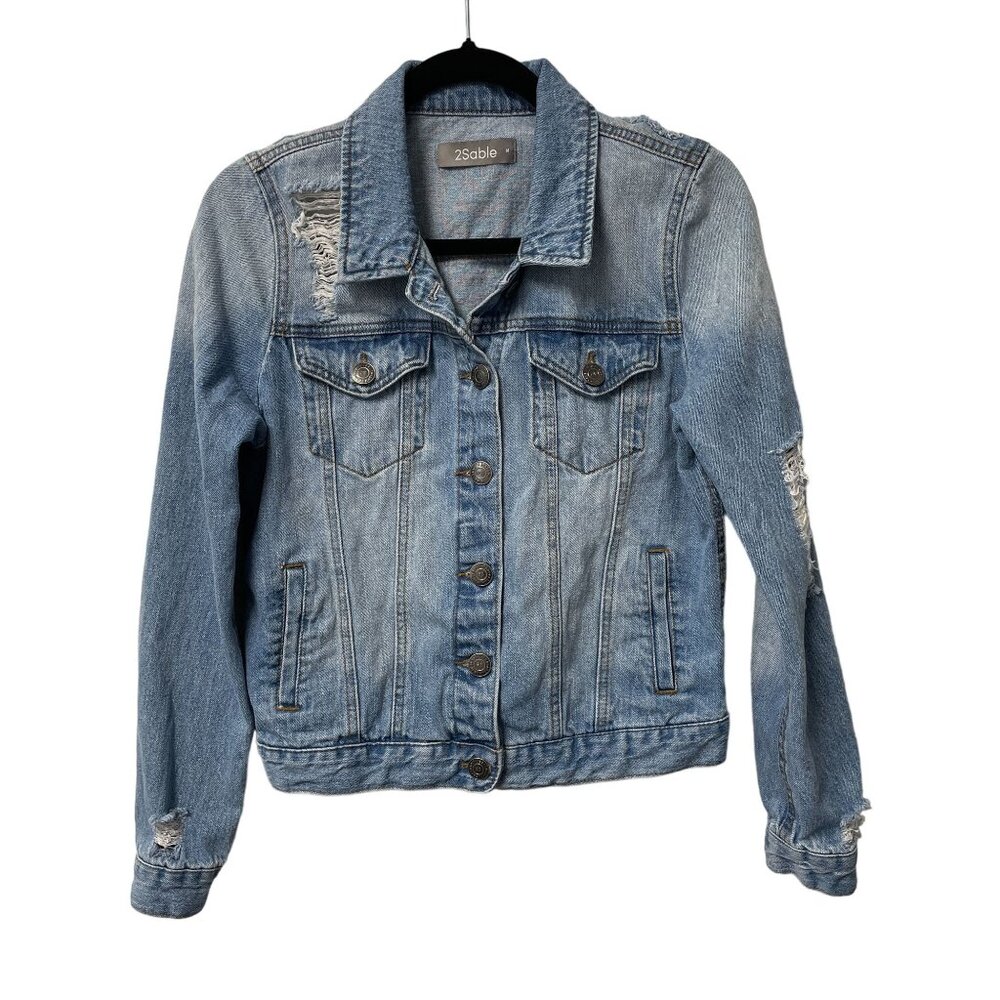 2SABLE JEAN JACKET DISTRESSED BUTTON UP POCKETS SIZE M DENIM BLUE 100% COTTON